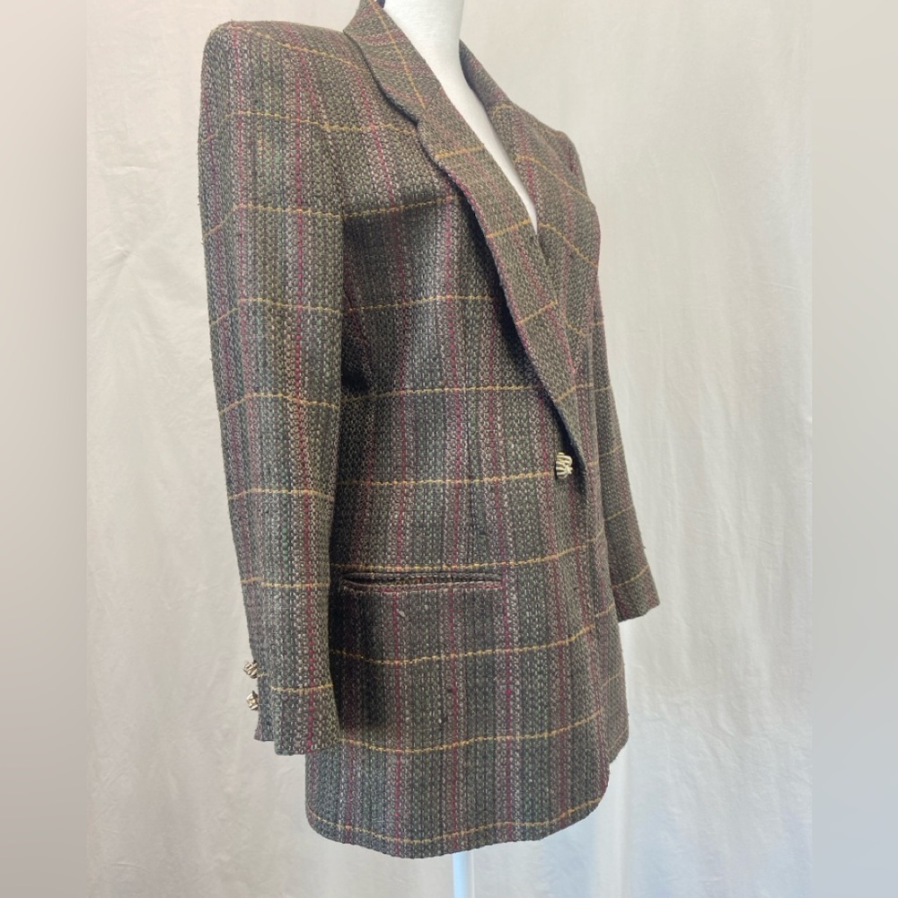 Doncaster Vintage 80s 100% Silk Brown Tweed Multicolor Plaid Longline Blazer 8 - Picture 5 of 17
